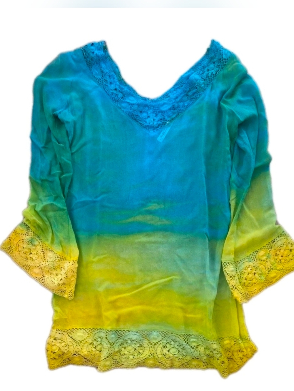 Y2K Michelle Jonas Turquoise Green Yellow Blouse Cover Up Bell Sleeves Small/Med